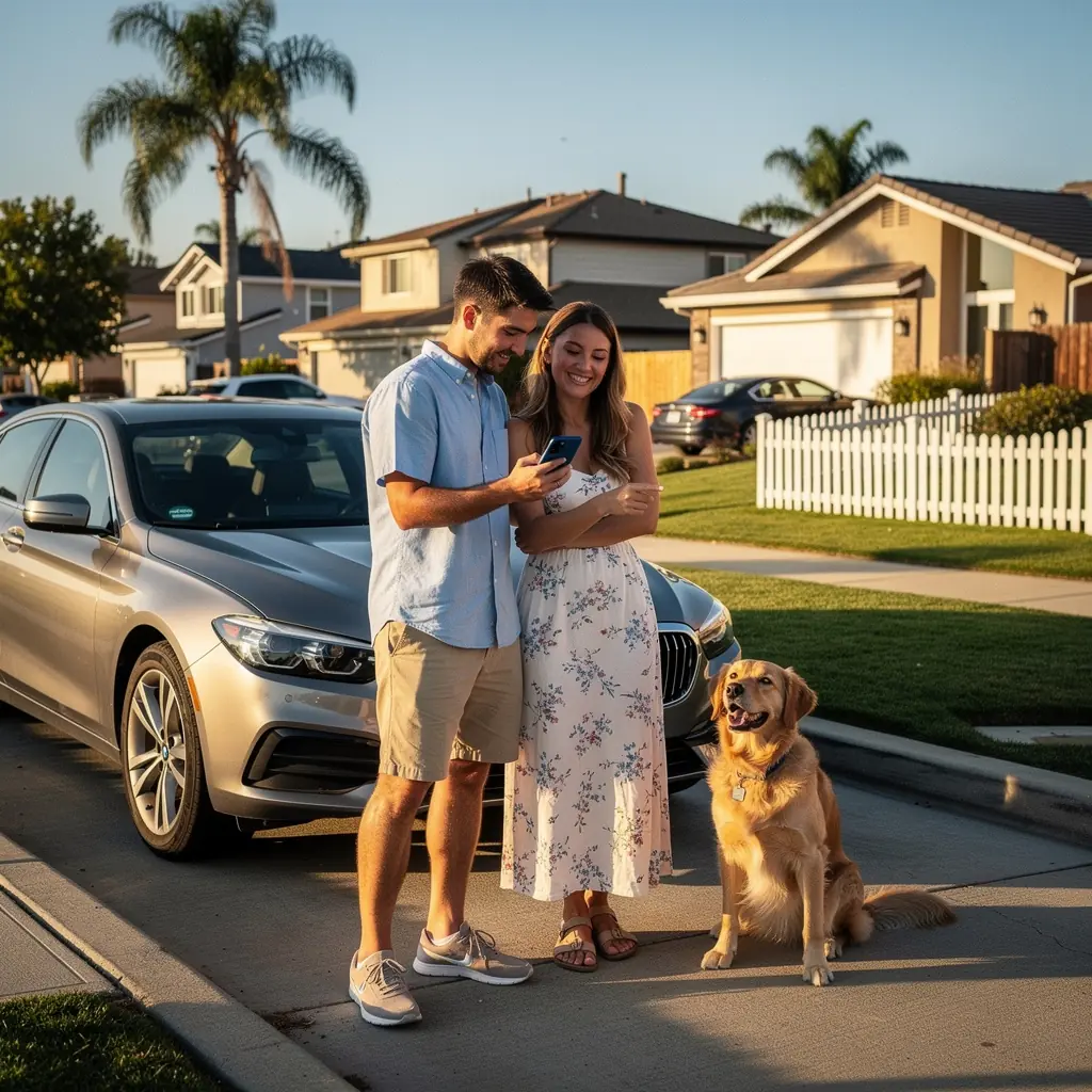 Rodzina w samochodzie, ciesząca się z bezpiecznej podróży.